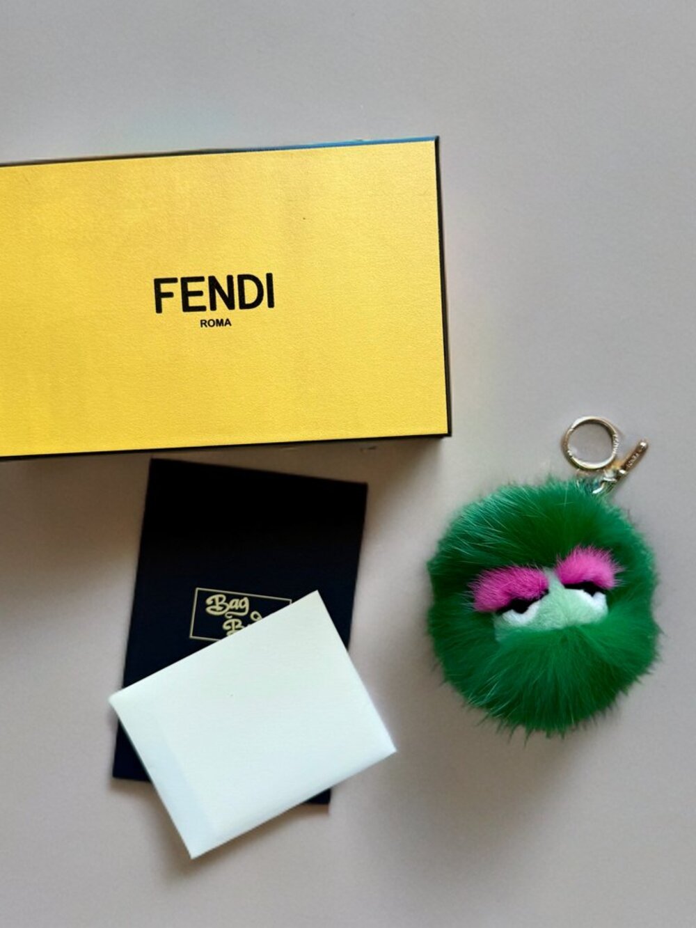 Fendi Green Pink Fox Mink Fur Bag Bugs Charm